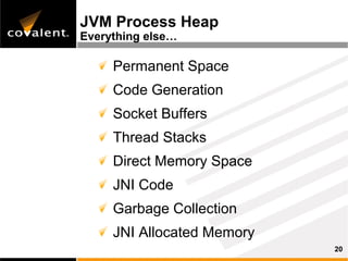 JVM Process Heap
Everything else…

     Permanent Space
     Code Generation
     Socket Buffers
     Thread Stacks
     Direct Memory Space
     JNI Code
     Garbage Collection
     JNI Allocated Memory
                            20
 