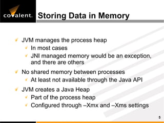 Storing Data in Memory

JVM manages the process heap
  In most cases
  JNI managed memory would be an exception,
  and there are others
No shared memory between processes
   At least not available through the Java API
JVM creates a Java Heap
  Part of the process heap
  Configured through –Xmx and –Xms settings
                                                 5
 