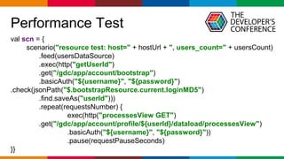 Globalcode – Open4education
Performance Test
val scn = {
scenario("resource test: host=" + hostUrl + ", users_count=" + usersCount)
.feed(usersDataSource)
.exec(http("getUserId")
.get("/gdc/app/account/bootstrap")
.basicAuth("${username}", "${password}")
.check(jsonPath("$.bootstrapResource.current.loginMD5")
.find.saveAs("userId")))
.repeat(requestsNumber) {
exec(http("processesView GET")
.get("/gdc/app/account/profile/${userId}/dataload/processesView")
.basicAuth("${username}", "${password}"))
.pause(requestPauseSeconds)
}}
 