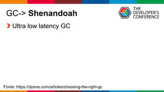 Globalcode – Open4education
GC-> Shenandoah
Ultra low latency GC
Fonte: https://dzone.com/articles/choosing-the-right-gc
 