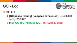 Globalcode – Open4education
GC - Log
GC G1
[GC pause (young) (to-space exhausted), 0.0406140
secs] 6229.691:
[Full GC 10G->5813M(12G), 15.7221680 secs]
 