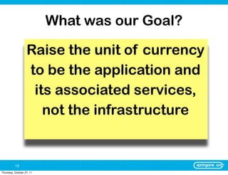 What was our Goal?

                   Raise the unit of currency
                   to be the application and
                    its associated services,
                      not the infrastructure


          13
Thursday, October 27, 11
 