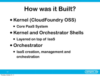 How was it Built?
                • Kernel (CloudFoundry OSS)
                      • Core PaaS System
                • Kernel and Orchestrator Shells
                      • Layered on top of IaaS
                • Orchestrator
                      • IaaS creation, management and
                           orchestration



          17
Thursday, October 27, 11
 