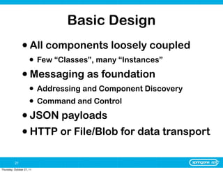 Basic Design
                • All components loosely coupled
                      • Few “Classes”, many “Instances”
                • Messaging as foundation
                      • Addressing and Component Discovery
                      • Command and Control
                • JSON payloads
                • HTTP or File/Blob for data transport
          21
Thursday, October 27, 11
 