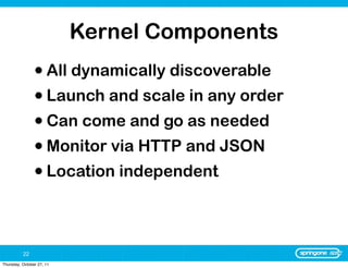 Kernel Components
                • All dynamically discoverable
                • Launch and scale in any order
                • Can come and go as needed
                • Monitor via HTTP and JSON
                • Location independent


          22
Thursday, October 27, 11
 