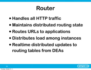 Router
                • Handles all HTTP traffic
                • Maintains distributed routing state
                • Routes URLs to applications
                • Distributes load among instances
                • Realtime distributed updates to
                      routing tables from DEAs


          33
Thursday, October 27, 11
 