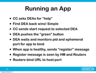 Running an App
                •     CC asks DEAs for “help”
                •     First DEA back wins! Simple
                •     CC sends start request to selected DEA
                •     DEA pushes the “green” button
                •     DEA waits and monitors pid and ephemeral
                      port for app to bind
                •     When app is healthy, sends “register” message
                •     Register message is seen by HM and Routers
                •     Routers bind URL to host:port

          49
Thursday, October 27, 11
 