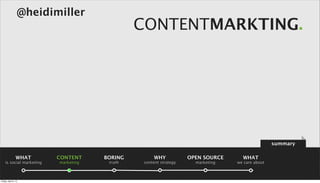 @heidimiller
                                               CONTENTMARKTING.




                                                                                                 summary

                 WHAT     CONTENT     BORING        WHY            OPEN SOURCE     WHAT
    is social marketing   marketing    truth    content strategy     marketing   we care about



Friday, April 5, 13
 