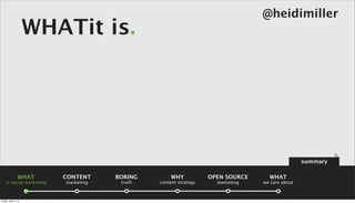 @heidimiller
                      WHATit is.




                                                                                                summary

                 WHAT     CONTENT     BORING       WHY            OPEN SOURCE     WHAT
    is social marketing   marketing    truth   content strategy     marketing   we care about



Friday, April 5, 13
 