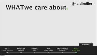 @heidimiller
                      WHATwe care about.




                                                                                                summary

                 WHAT     CONTENT     BORING       WHY            OPEN SOURCE     WHAT
    is social marketing   marketing    truth   content strategy     marketing   we care about



Friday, April 5, 13
 