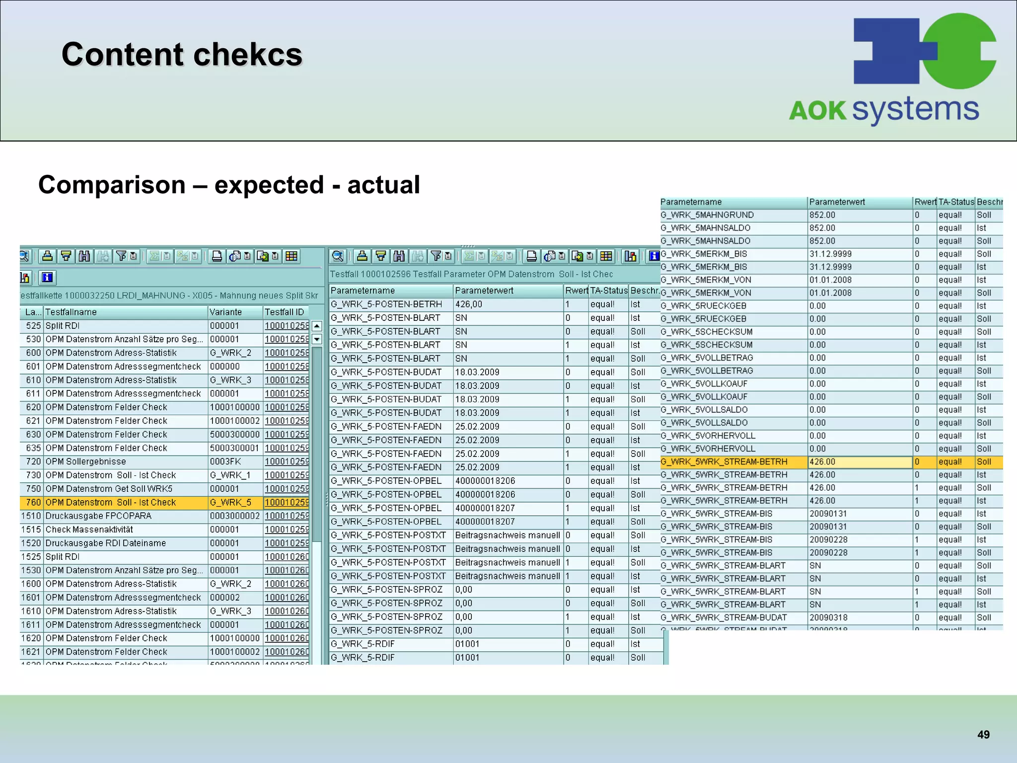Content chekcs Comparison – expected - actual 
