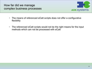 How far did we manage complex business processes The means of referenced eCatt scripts does not offer a configurative flexibility The referenced eCatt scripts would not be the right means for the input methods which can not be processed with eCatt 