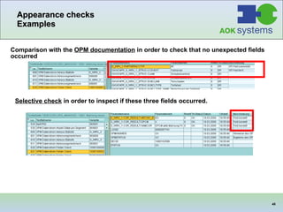 Appearance checks Examples Comparison with the  OPM documentation  in order to check that no unexpected fields occurred Selective check  in order to inspect if these three fields occurred.  