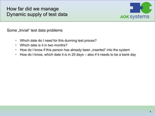 How far did we manage Dynamic supply of test data Some „trivial“ test data problems Which date do I need for this dunning test proces? Which date is it in two months? How do I know if this person has already been „inserted“ into the system How do I know, which date it is in 20 days – also if it needs to be a bank day  