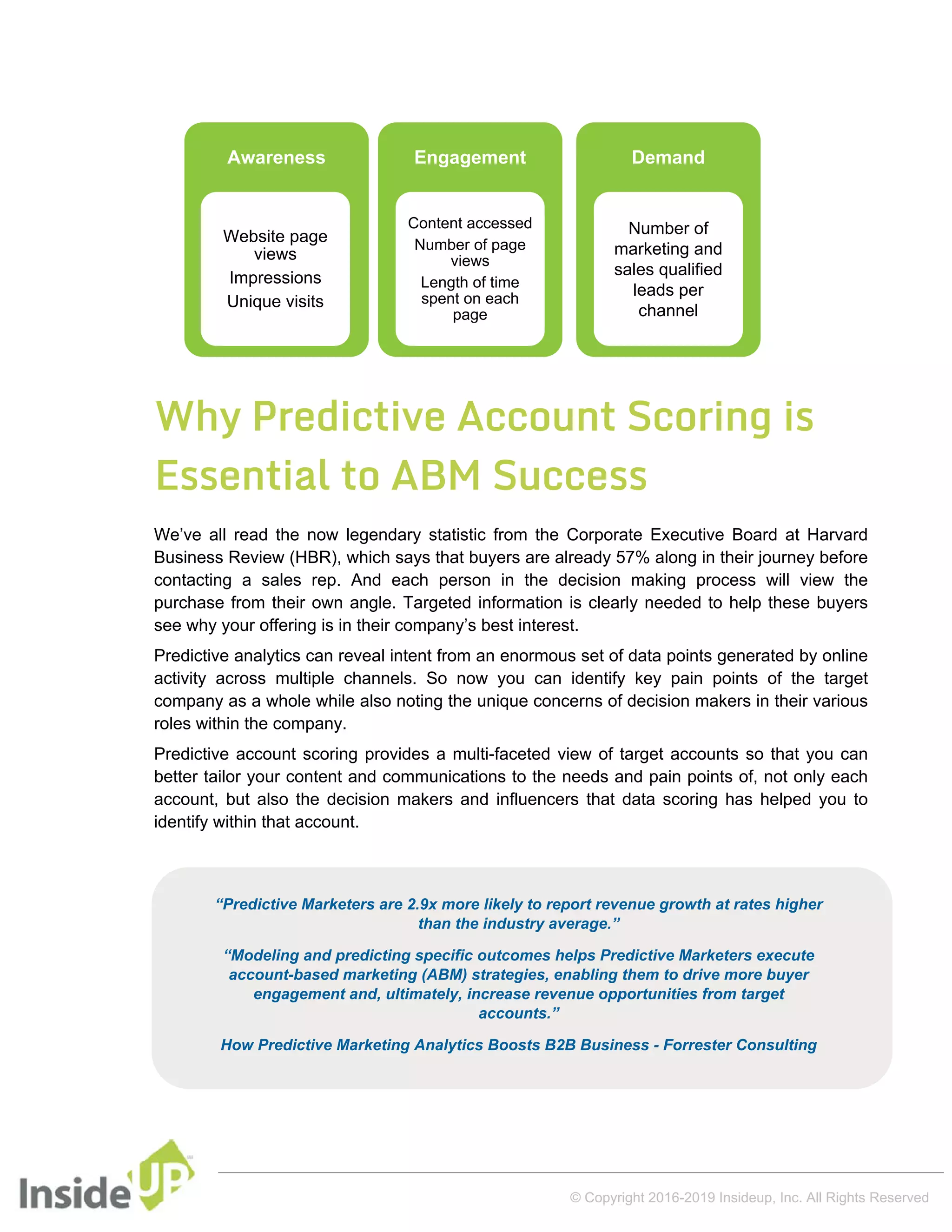 Why Predictive Account Scoring is
Essential to ABM Success
We’ve all read the now legendary statistic from the Corporate Executive Board at Harvard
Business Review (HBR), which says that buyers are already 57% along in their journey before
contacting a sales rep. And each person in the decision making process will view the
purchase from their own angle. Targeted information is clearly needed to help these buyers
see why your offering is in their company’s best interest.
Predictive analytics can reveal intent from an enormous set of data points generated by online
activity across multiple channels. So now you can identify key pain points of the target
company as a whole while also noting the unique concerns of decision makers in their various
roles within the company.
Predictive account scoring provides a multi-faceted view of target accounts so that you can
better tailor your content and communications to the needs and pain points of, not only each
account, but also the decision makers and influencers that data scoring has helped you to
identify within that account.
Awareness
Website page
views
Impressions
Unique visits
Engagement
Content accessed
Number of page
views
Length of time
spent on each
page
Demand
Number of
marketing and
sales qualified
leads per
channel
“Predictive Marketers are 2.9x more likely to report revenue growth at rates higher
than the industry average.”
“Modeling and predicting specific outcomes helps Predictive Marketers execute
account-based marketing (ABM) strategies, enabling them to drive more buyer
engagement and, ultimately, increase revenue opportunities from target
accounts.”
How Predictive Marketing Analytics Boosts B2B Business - Forrester Consulting
© Copyright 2016-2019 Insideup, Inc. All Rights Reserved
 