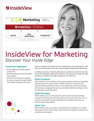 Marketing                       Find and
                                                 Qualify Leads




                              Sales Intelligence &
                              Social Selling Platform




                     User
    Social         Generated                 Traditional

              D A T A   S O U R C E S




InsideView for Marketing
Discover Your Inside Edge
InsideView Highlights             Are your prospects and customers not responding to your white papers, cold
                                  calls, and email blasts? Then you should consider InsideView for Marketing.

                                  InsideView increases marketing eﬀectiveness by delivering relevant business
                                  and social intelligence about your prospects, so that you can target the right
                                  prospects, and deliver the right messages at the right time.

                                  Right Prospects




                                  Right Messages




                                  Right Time
 
