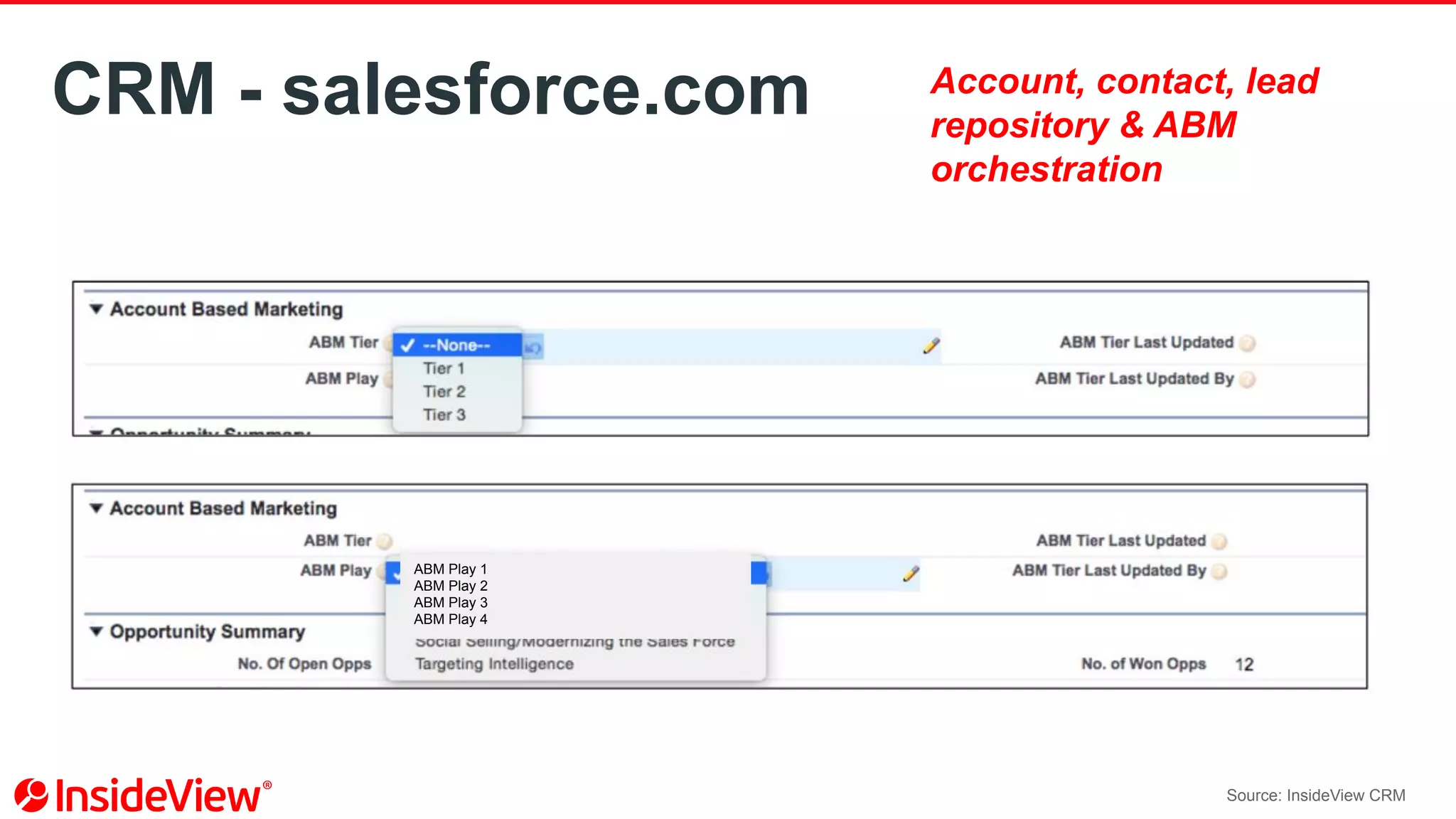 CRM - salesforce.com
ABM Play 1
ABM Play 2
ABM Play 3
ABM Play 4
Source: InsideView CRM
Account, contact, lead
repository & ABM
orchestration
 