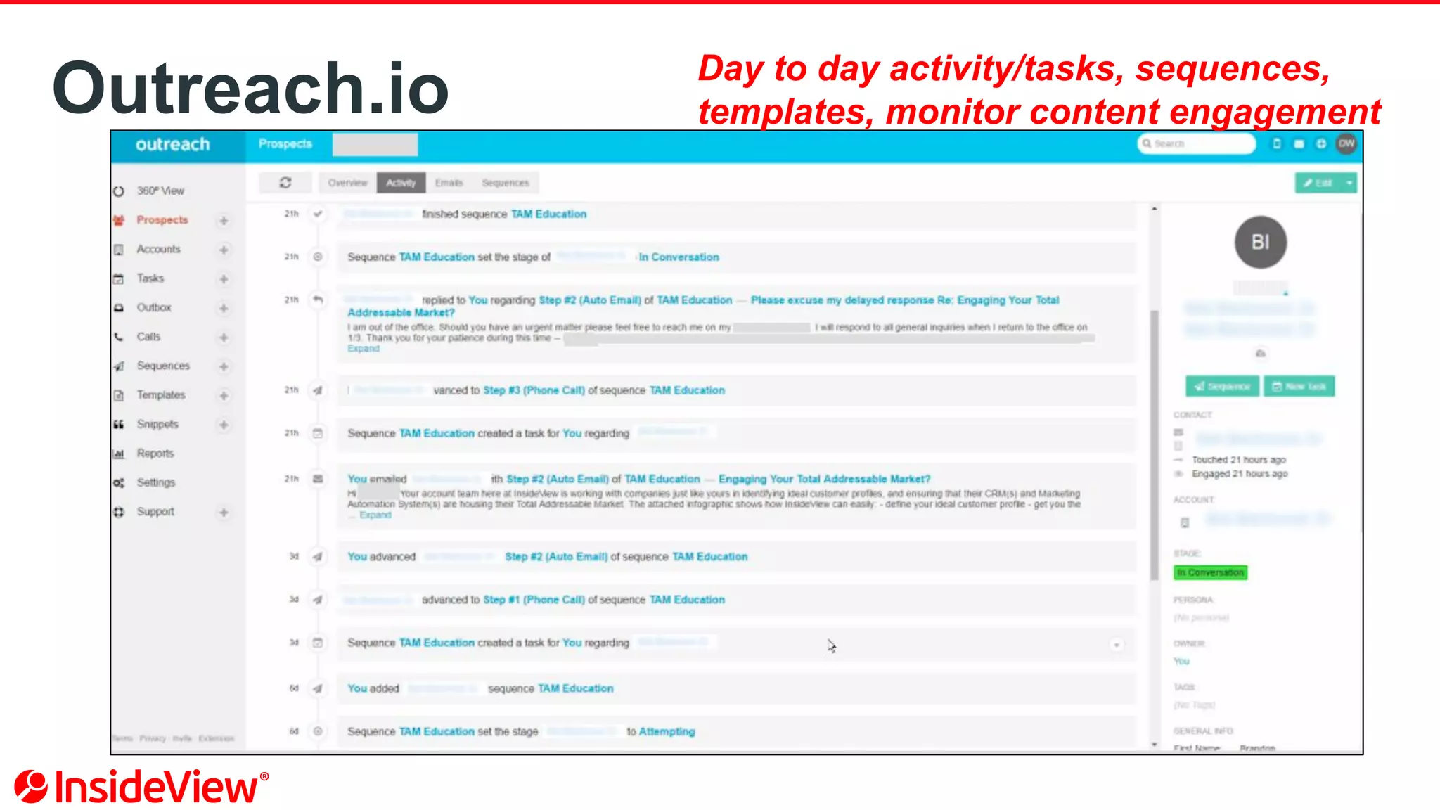 Outreach.io Day to day activity/tasks, sequences,
templates, monitor content engagement
 