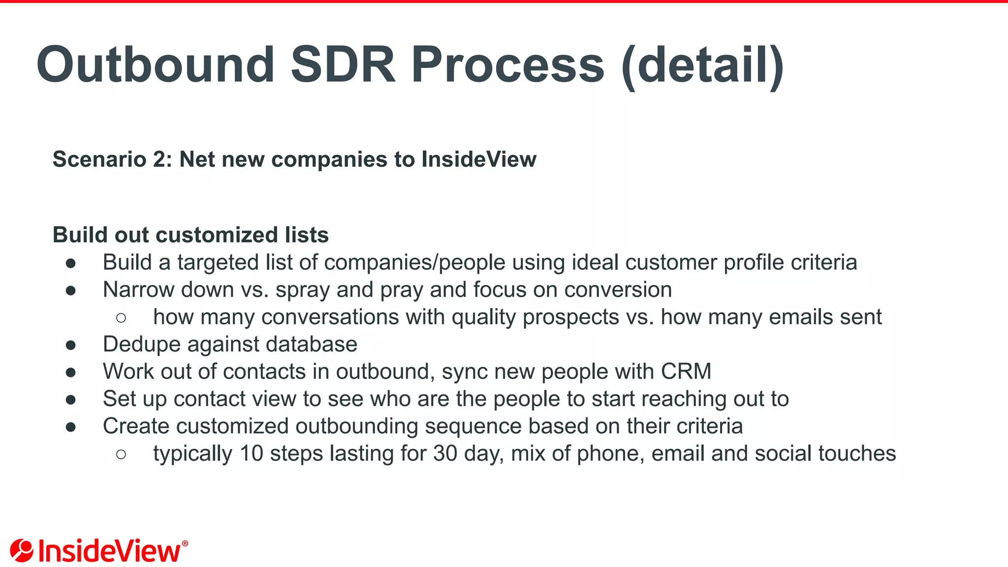 Outbound SDR Process (detail)
Scenario 2: Net new companies to InsideView
Build out customized lists
● Build a targeted list of companies/people using ideal customer profile criteria
● Narrow down vs. spray and pray and focus on conversion
○ how many conversations with quality prospects vs. how many emails sent
● Dedupe against database
● Work out of contacts in outbound, sync new people with CRM
● Set up contact view to see who are the people to start reaching out to
● Create customized outbounding sequence based on their criteria
○ typically 10 steps lasting for 30 day, mix of phone, email and social touches
 