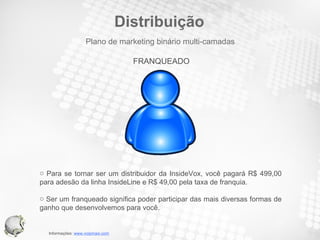 Distribuição Para se tornar ser um distribuidor da InsideVox, você pagará R$ 499,00 para adesão da linha InsideLine e R$ 49,00 pela taxa de franquia.  Ser um franqueado significa poder participar das mais diversas formas de ganho que desenvolvemos para você. Plano de marketing binário multi-camadas FRANQUEADO 