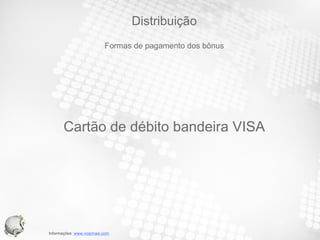 Distribuição Formas de pagamento dos bônus Cartão de débito bandeira VISA 