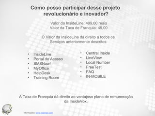 Como posso participar desse projeto  revolucionário e inovador? InsideLine Portal de Acesso SMSNow! MyOffice HelpDesk Training Room Central Inside LineView Local Number FreeTest FAQ IN-MOBILE Valor da InsideLine: 499,00 reais Valor da Taxa de Franquia: 49,00 O Valor da InsideLine dá direito a todos os  Serviços anteriormente descritos: A Taxa de Franquia dá direito ao vantajoso plano de remuneração da InsideVox. 