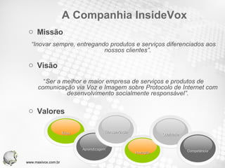 A Companhia InsideVox Missão “ Inovar sempre, entregando produtos e serviços diferenciados aos nossos clientes”. Visão “ Ser a melhor e maior empresa de serviços e produtos de comunicação via Voz e Imagem sobre Protocolo de Internet com desenvolvimento socialmente responsável”. Valores www.maxivox.com.br Ética Aprendizagem Transparência Inovação Qualidade Competência 