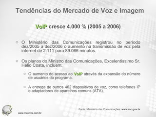 VoIP  cresce 4.000 % (2005 a 2006) O Ministério das Comunicações registrou no período dez/2005 a dez/2006 o aumento na transmissão de voz pela internet de 2.111 para 89.066 minutos. Os planos do Ministro das Comunicações, Excelentíssimo Sr. Hélio Costa, incluem: O aumento do acesso ao  VoIP  através da expansão do número de usuários do programa.  A entrega de outros 462 dispositivos de voz, como telefones IP e adaptadores de aparelhos comuns (ATA). Fonte: Ministério das Comunicações:  www.mc.gov.br Tendências do Mercado de Voz e Imagem www.maxivox.com.br 