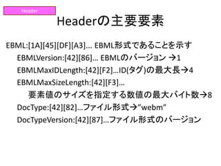 Headerの主要要素
EBML:[1A][45][DF][A3]... EBML形式であることを示す
EBMLVersion:[42][86]… EBMLのバージョン 1
EBMLMaxIDLength:[42][F2]…ID(タグ)の最大長4
EBMLMaxSizeLength:[42][F3]…
要素値のサイズを指定する数値の最大バイト数8
DocType:[42][82]…ファイル形式”webm”
DocTypeVersion:[42][87]…ファイル形式のバージョン
Header
 