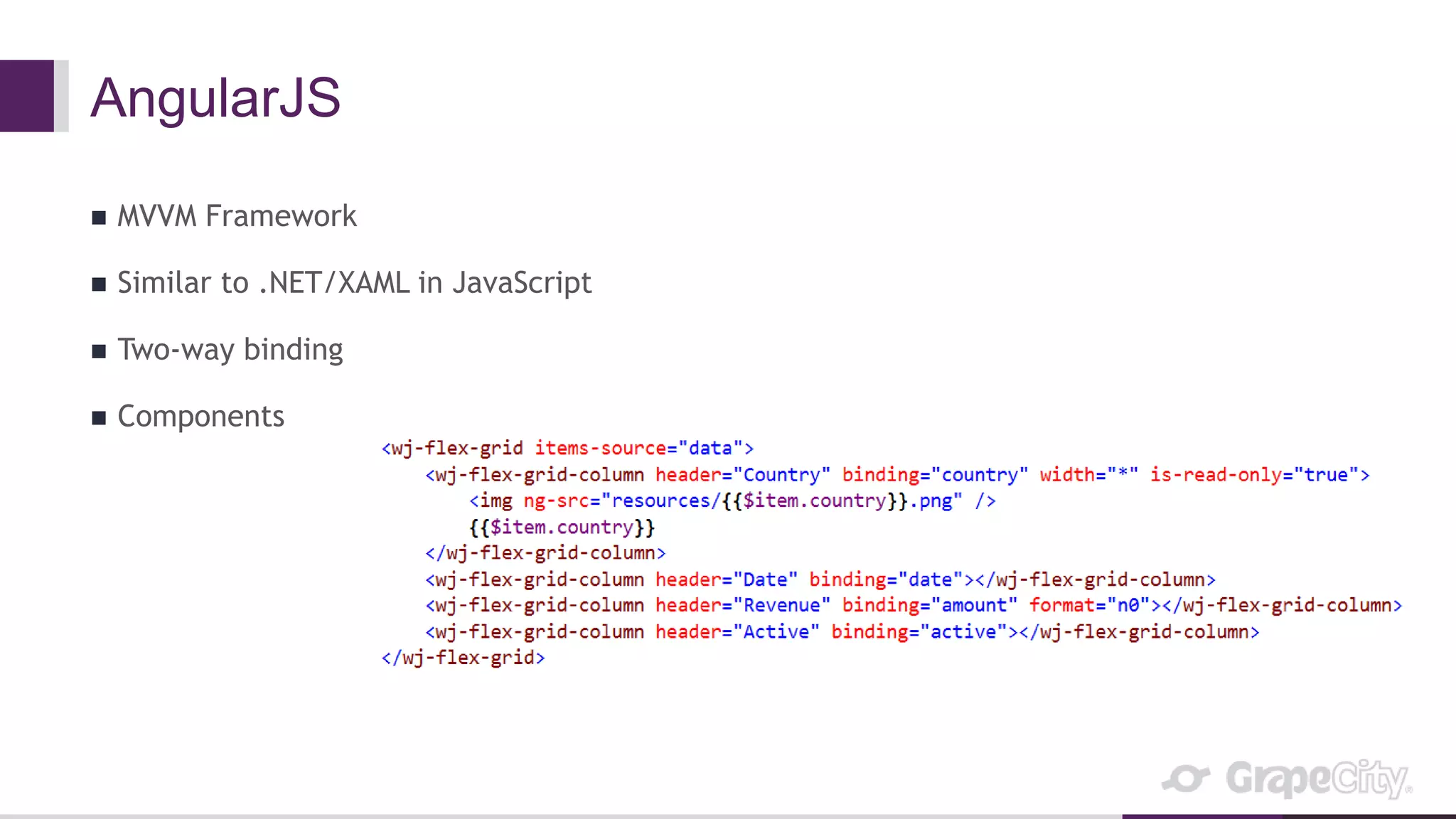 AngularJS
 MVVM Framework
 Similar to .NET/XAML in JavaScript
 Two-way binding
 Components
 