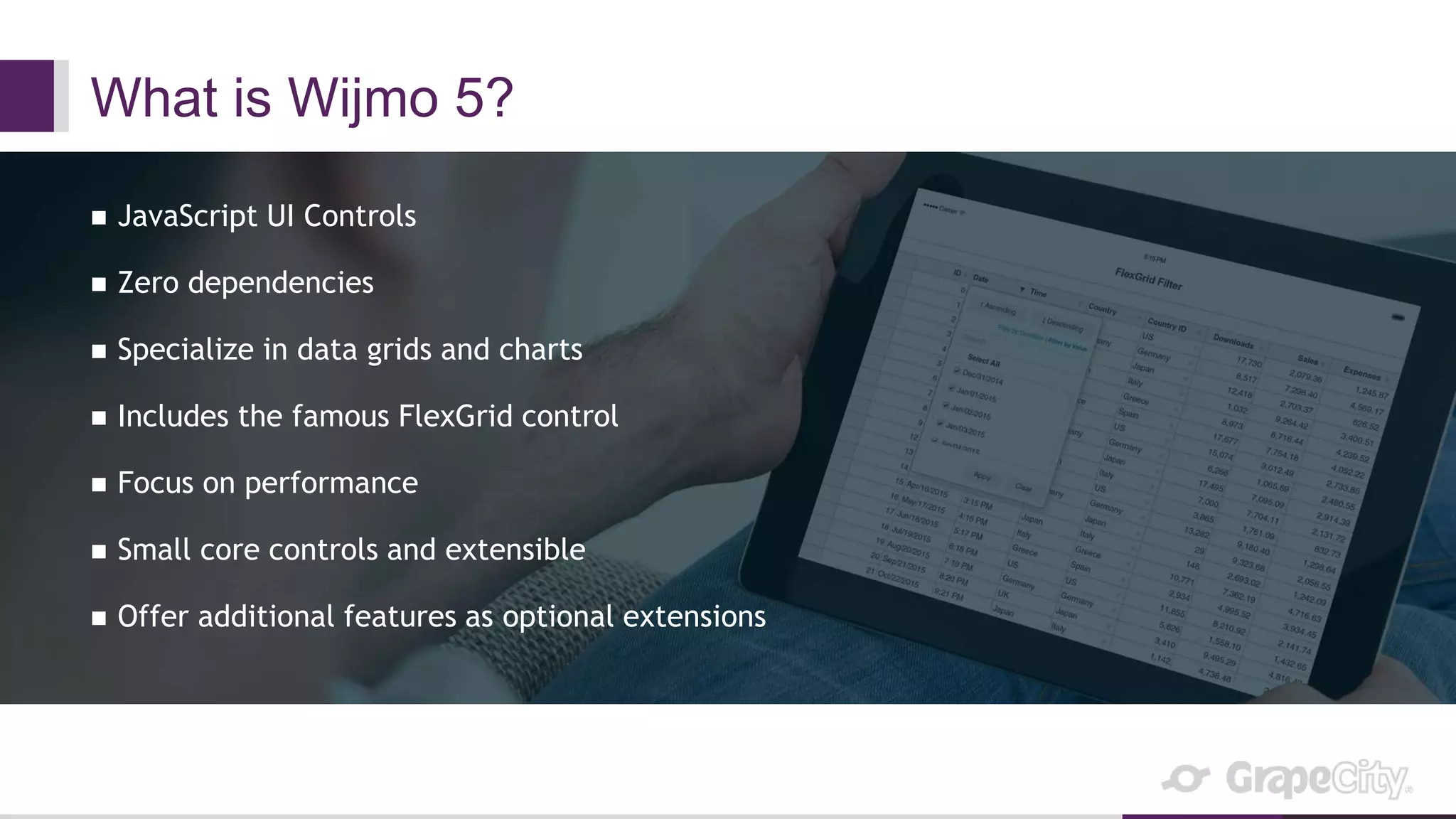 What is Wijmo 5?
 JavaScript UI Controls
 Zero dependencies
 Specialize in data grids and charts
 Includes the famous FlexGrid control
 Focus on performance
 Small core controls and extensible
 Offer additional features as optional extensions
 