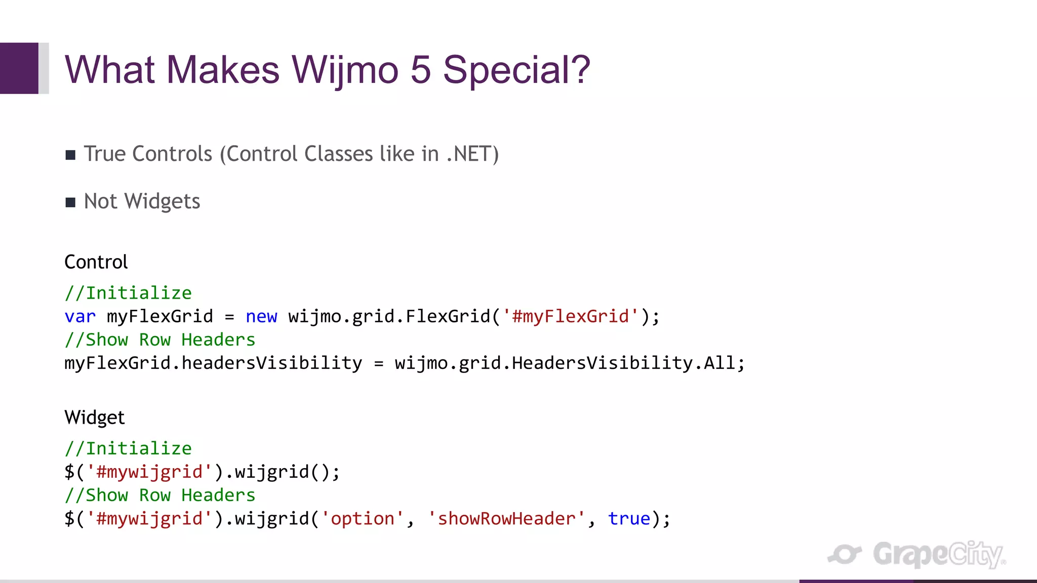 What Makes Wijmo 5 Special?
 True Controls (Control Classes like in .NET)
 Not Widgets
Control
//Initialize
var myFlexGrid = new wijmo.grid.FlexGrid('#myFlexGrid');
//Show Row Headers
myFlexGrid.headersVisibility = wijmo.grid.HeadersVisibility.All;
Widget
//Initialize
$('#mywijgrid').wijgrid();
//Show Row Headers
$('#mywijgrid').wijgrid('option', 'showRowHeader', true);
 