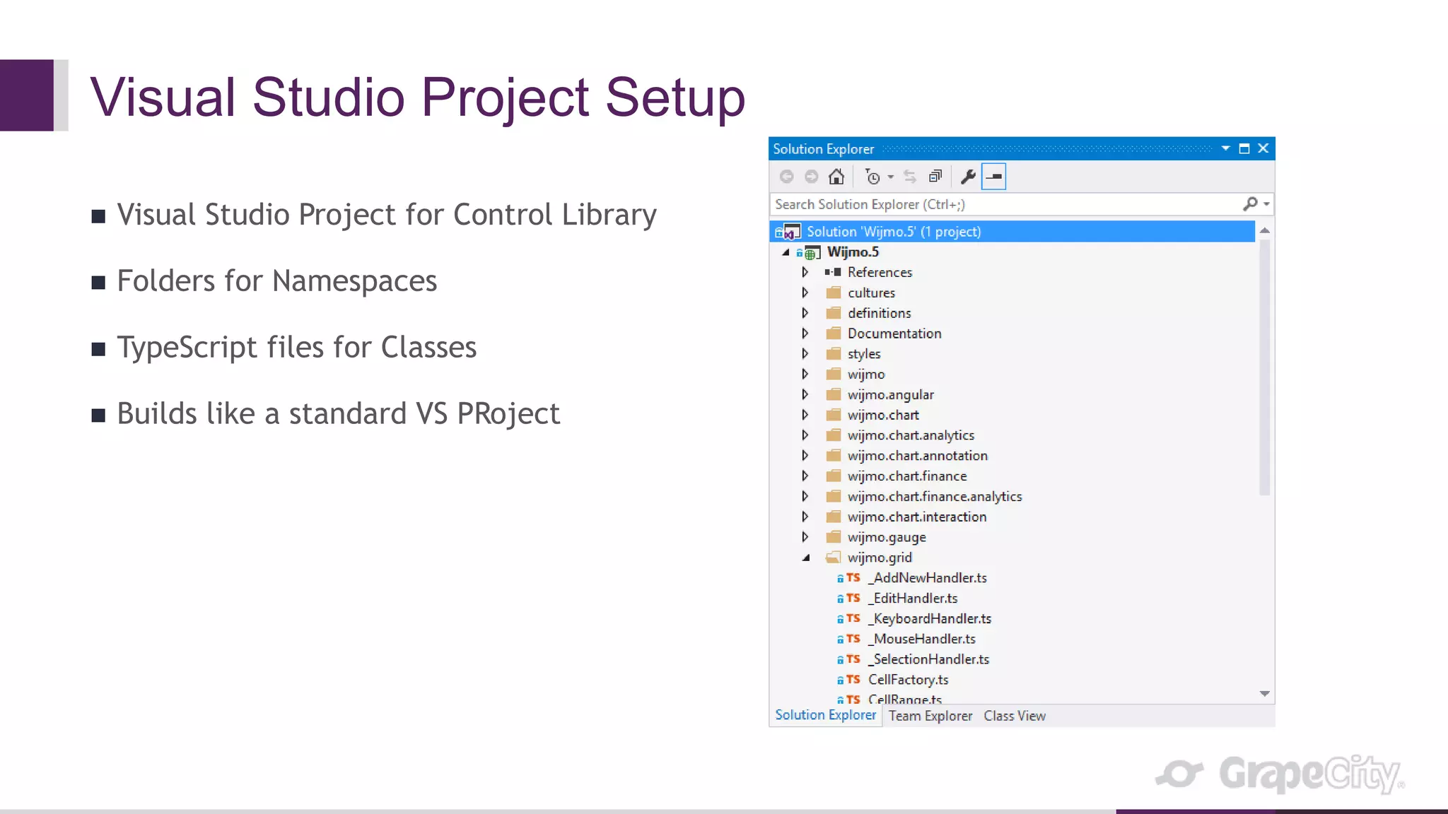 Visual Studio Project Setup
 Visual Studio Project for Control Library
 Folders for Namespaces
 TypeScript files for Classes
 Builds like a standard VS PRoject
 