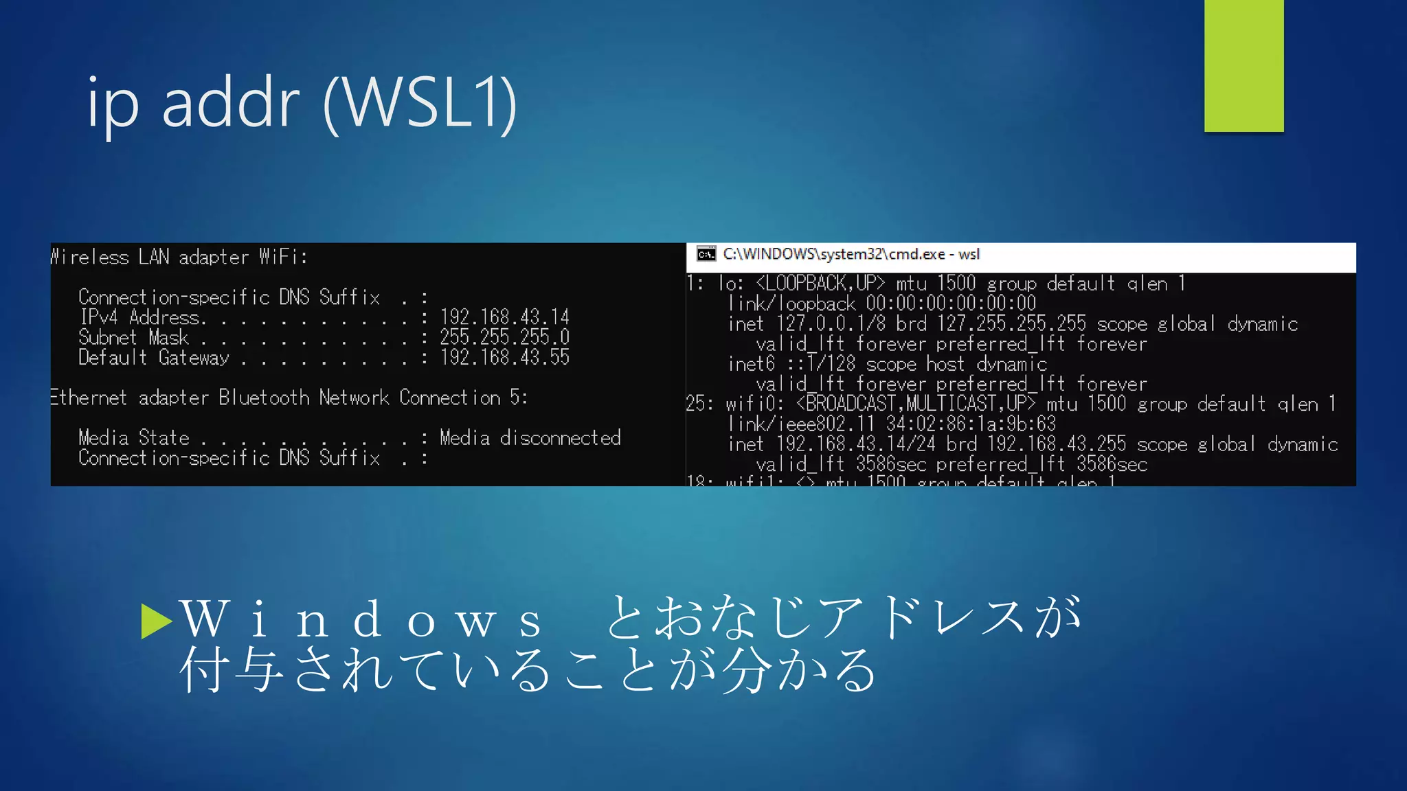 ip addr (WSL1)
Ｗｉｎｄｏｗｓ とおなじアドレスが
付与されていることが分かる
 