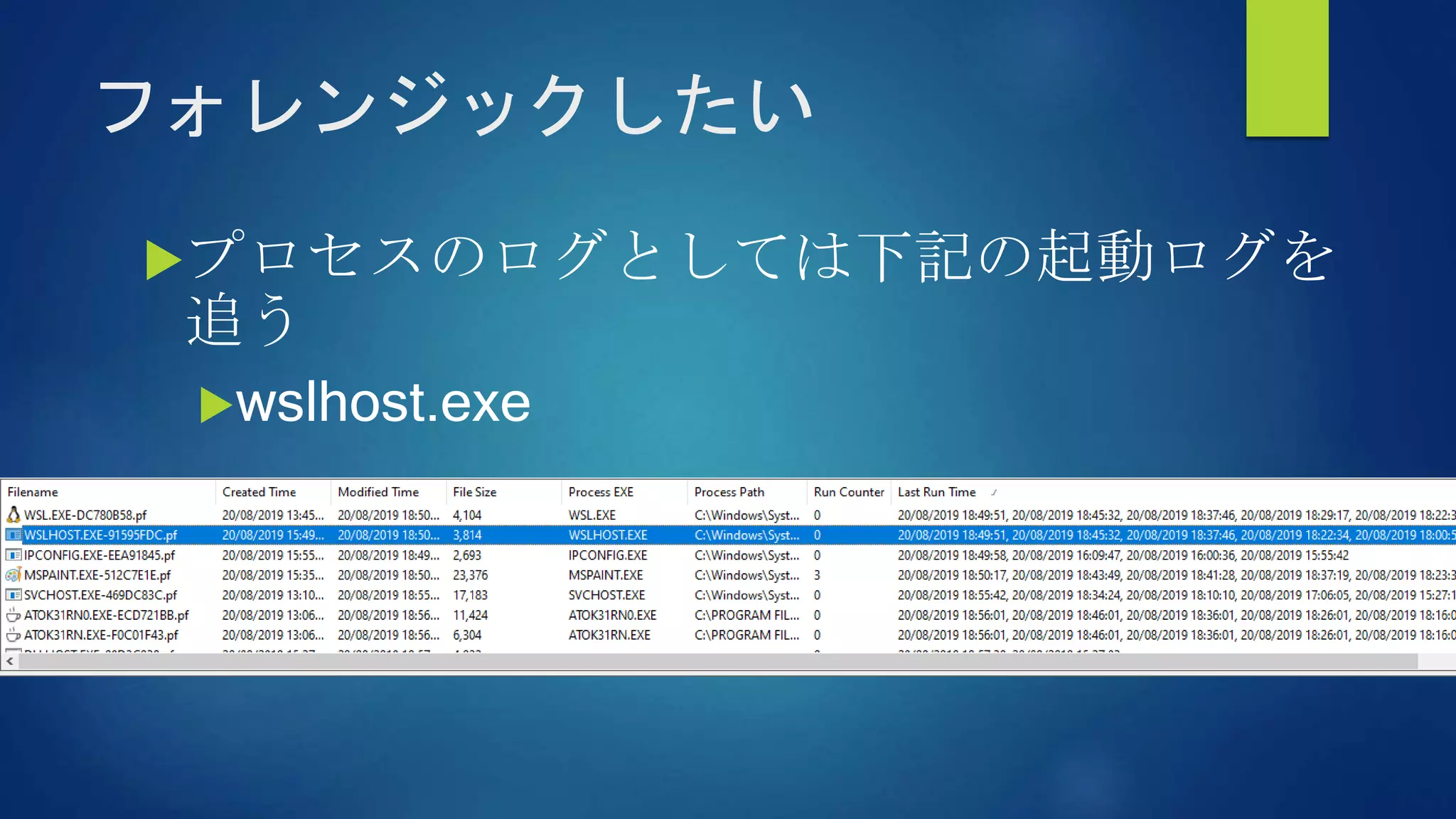フォレンジックしたい
プロセスのログとしては下記の起動ログを
追う
wslhost.exe
 