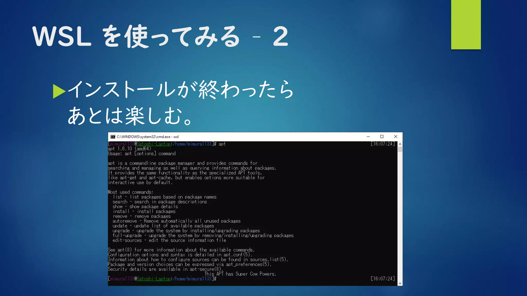 WSL を使ってみる – ２
インストールが終わったら
あとは楽しむ。
 