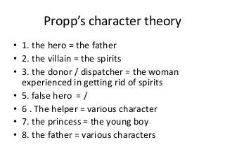 Propp’s character theory
• 1. the hero = the father
• 2. the villain = the spirits
• 3. the donor / dispatcher = the woman
experienced in getting rid of spirits
• 5. false hero = /
• 6 . The helper = various character
• 7. the princess = the young boy
• 8. the father = various characters

 