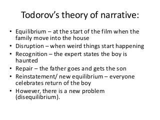 Todorov’s theory of narrative:
• Equilibrium – at the start of the film when the
family move into the house
• Disruption – when weird things start happening
• Recognition – the expert states the boy is
haunted
• Repair – the father goes and gets the son
• Reinstatement/ new equilibrium – everyone
celebrates return of the boy
• However, there is a new problem
(disequilibrium).

 
