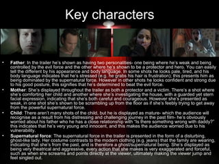 Key characters

•

•

•

•

Father: In the trailer he’s shown as having two personalities- one being where he’s weak and being
controlled by the evil force and the other where he’s shown to be a protector and hero. You can easily
tell the different by his appearance and body language. In some shots he looks pale, tired, and his
body language indicates that he’s stressed (e.g. he grabs his hair is frustration); this presents him as
being dominated by the supernatural force. However in other shots he looks confident and strong due
to his good posture, this signifies that he’s determined to beat the evil force.
Mother: She’s displayed throughout the trailer as both a protector and a victim. There’s a shot where
she’s comforting her child and another where she’s investigating the house, with a guarded yet stern
facial expression, indicating that she’s both careful and courageous. However she’s presented as
weak, in one shot she’s shown to be scrambling up from the floor as if she’s feebly trying to get away
from the powerful supernatural force.
Child: There aren’t many shots of the child, but he is displayed as mature- which the audience will
recognise as a result from his distressing and challenging journey in the past film- he’s obviously
worried about his father who he has a close relationship with “Is there something wrong with daddy?”
this indicates that he’s very young and innocent, and this makes the audience worried due to his
vulnerability.
Supernatural force: The supernatural force in the trailer is presented in the form of a disturbing,
ghost-like lady. Her costume contrasts to the modern clothing (e.g. jeans) that the family are wearing,
indicating that she’s from the past, and is therefore a ghost/supernatural being. She’s displayed as
being very theatrical and aggressive, every action that she makes is very exaggerated and forceful,
such as when she screams and points directly at the viewer, ultimately making the viewer jump and
feel singled out.

 