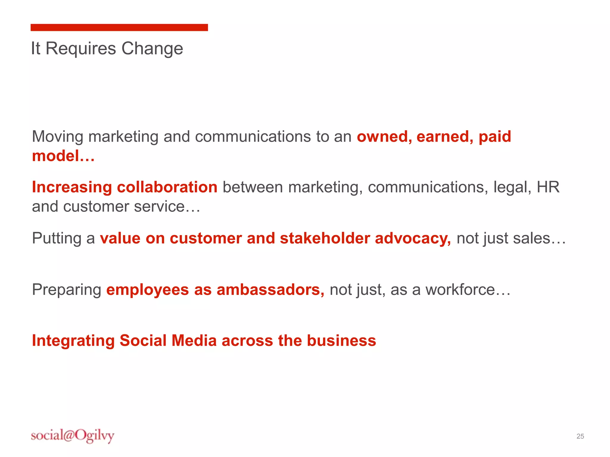 It Requires Change



Moving marketing and communications to an owned, earned, paid
model…
Increasing collaboration between marketing, communications, legal, HR
and customer service…
Putting a value on customer and stakeholder advocacy, not just sales…


Preparing employees as ambassadors, not just, as a workforce…


Integrating Social Media across the business




                                                                        25
 