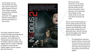 On this poster, we can
see that there are three
main colours that all link
with the genre of horror.
These colours are grey,
red and white, with grey
being the most
prominent. This suggests
that this movie keeps in
with the conventions of
horror films.
We can see three
characters on the poster,
we can already presume
that the woman on the
front is the mother of the
two boys, this could imply
that through out the
movie, these are the only
main three characters we
meet
The billing block is placed a
position which is unusual and
not very common, this could
imply the unnatural theme of
the movie, the same goes for
the position of the title and
tagline.
The poster implies the movies
narrative through two things we see
in the poster, the tagline and
characters. The combination of
“taking what you love most” and
the mother with her children could
suggest that this mother is fighting
or trying to survive with her
children against a force trying to
take them from her.
We can assume that the genre is
horror pretty quickly due to the
characters showing signs of fear.
They are also backed into a wall
which implies a battle that isn’t
going their way. And the hammer
also would suggest some type of
battle is going to appear.
 