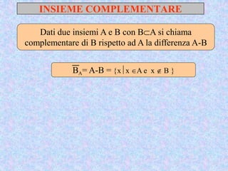INSIEME COMPLEMENTARE
BA= A-B = xx A e x  B 
Dati due insiemi A e B con BA si chiama
complementare di B rispetto ad A la differenza A-B
 