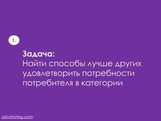 1.


         Задача:
         Найти способы лучше других
         удовлетворить потребности
         потребителя в категории



advstrateg.com
 