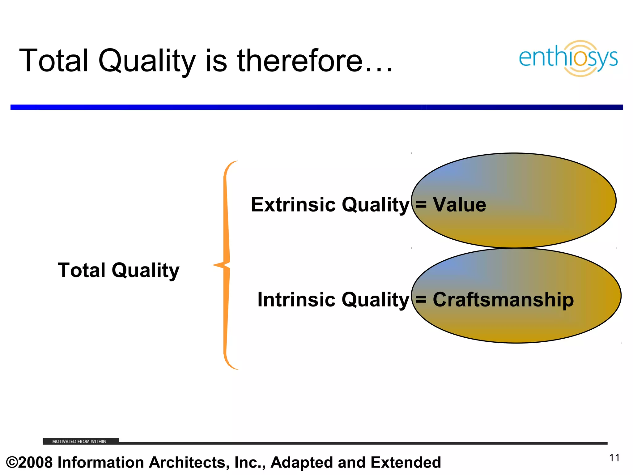 Total Quality is therefore…



                                                      Extrinsic Quality = Value


      Total Quality
                                                       Intrinsic Quality = Craftsmanship




     © 2009, Enthiosys Inc. All rights reserved. www.enthiosys.com or 650.528.4000
                                                                                           11
©2008 Information Architects, Inc., Adapted and Extended
 