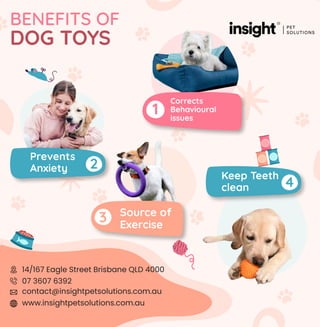 BENEFITS OF
DOG TOYS
1
Corrects
Behavioural
issues
4
Keep Teeth
clean
3 Source of
Exercise
2
Prevents
Anxiety
14/167 Eagle Street Brisbane QLD 4000
07 3607 6392
contact@insightpetsolutions.com.au
www.insightpetsolutions.com.au
 
