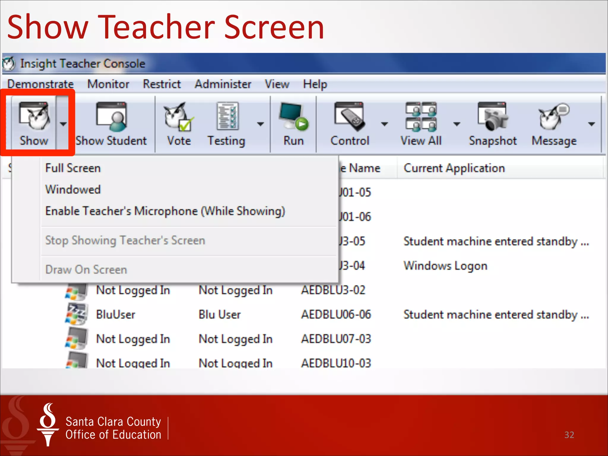 32
Thumbnail	
  View	
  all	
  Monitors
Insight	
  101
• It is very useful for a teacher to be
able to monitor what all students
are doing on their computers at any
given time.
• Once you have your computers in
the order you like to view them
select “View” from the main menu.
• Next, choose “Thumbnails” and
then select “Classroom Layout.”
!
• A thumbnail image of all student
screens appears on the teacher
monitor for viewing.
 