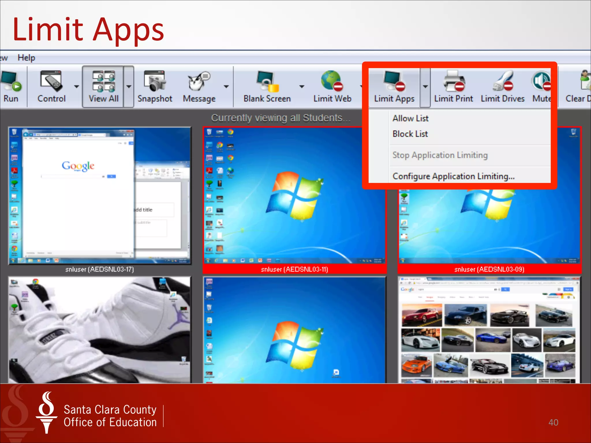 40
Limit	
  Websites
Insight	
  101
• One of the most useful actions is the
ability to restrict web browsing to specific
sites.
• Click the Limit Web button and then
choose Configure Web Limiting. This will
launch the configuration window
• Type in the sites that you wish to make
available to students and all other sites
will be blocked.
• Also you can type sites you specifically
wish to block and all others (that are not
restricted by our filters) are available.
 