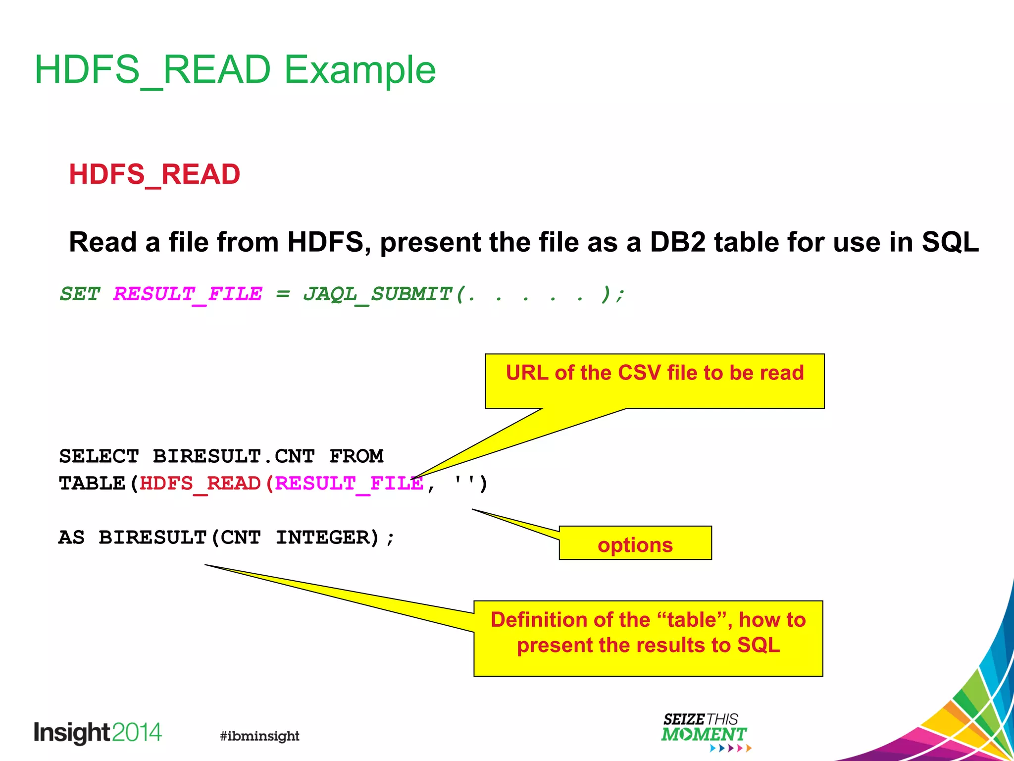 HDFS_READ Example
SET RESULT_FILE = JAQL_SUBMIT(. . . . . );
SELECT BIRESULT.CNT FROM
TABLE(HDFS_READ(RESULT_FILE, '')
AS BIRESULT(CNT INTEGER);
HDFS_READ
Read a file from HDFS, present the file as a DB2 table for use in SQL
URL of the CSV file to be read
Definition of the “table”, how to
present the results to SQL
options
 