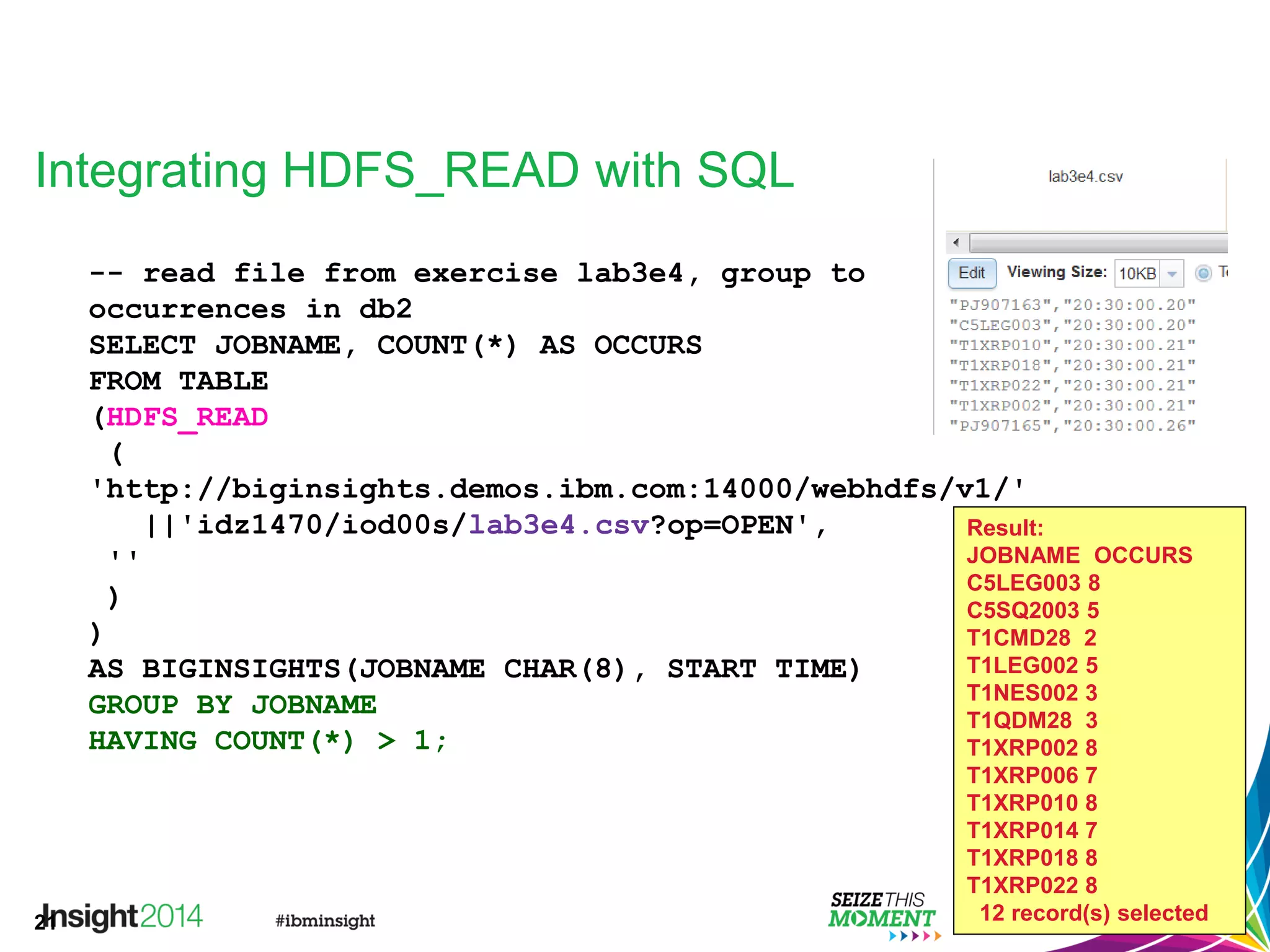 21
Integrating HDFS_READ with SQL
-- read file from exercise lab3e4, group to
occurrences in db2
SELECT JOBNAME, COUNT(*) AS OCCURS
FROM TABLE
(HDFS_READ
(
'http://biginsights.demos.ibm.com:14000/webhdfs/v1/'
||'idz1470/iod00s/lab3e4.csv?op=OPEN',
''
)
)
AS BIGINSIGHTS(JOBNAME CHAR(8), START TIME)
GROUP BY JOBNAME
HAVING COUNT(*) > 1;
Result:
JOBNAME OCCURS
C5LEG003 8
C5SQ2003 5
T1CMD28 2
T1LEG002 5
T1NES002 3
T1QDM28 3
T1XRP002 8
T1XRP006 7
T1XRP010 8
T1XRP014 7
T1XRP018 8
T1XRP022 8
12 record(s) selected
 