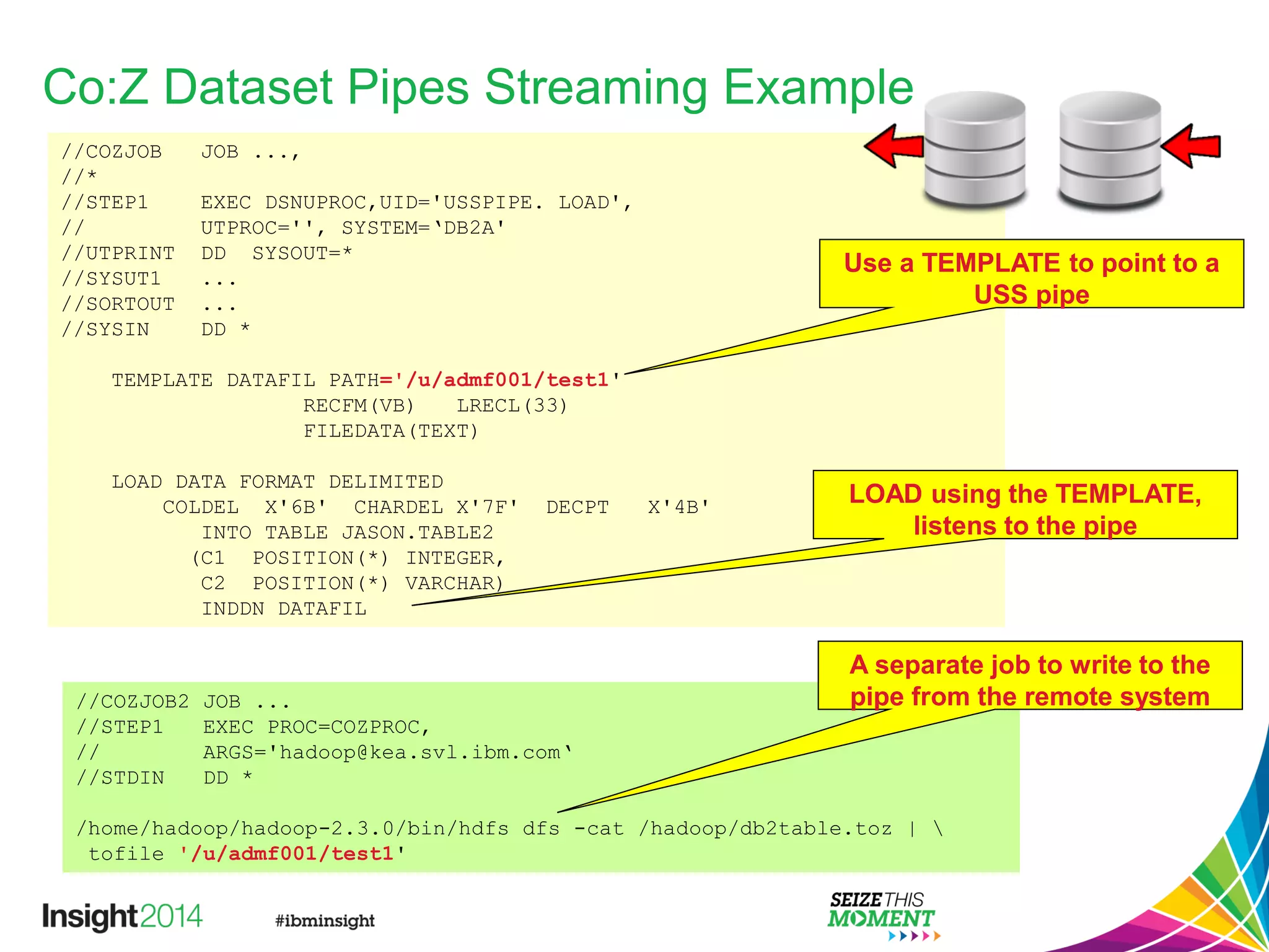 Co:Z Dataset Pipes Streaming Example
//COZJOB JOB ...,
//*
//STEP1 EXEC DSNUPROC,UID='USSPIPE. LOAD',
// UTPROC='', SYSTEM=‘DB2A'
//UTPRINT DD SYSOUT=*
//SYSUT1 ...
//SORTOUT ...
//SYSIN DD *
TEMPLATE DATAFIL PATH='/u/admf001/test1'
RECFM(VB) LRECL(33)
FILEDATA(TEXT)
LOAD DATA FORMAT DELIMITED
COLDEL X'6B' CHARDEL X'7F' DECPT X'4B'
INTO TABLE JASON.TABLE2
(C1 POSITION(*) INTEGER,
C2 POSITION(*) VARCHAR)
INDDN DATAFIL
Use a TEMPLATE to point to a
USS pipe
LOAD using the TEMPLATE,
listens to the pipe
//COZJOB2 JOB ...
//STEP1 EXEC PROC=COZPROC,
// ARGS='hadoop@kea.svl.ibm.com‘
//STDIN DD *
/home/hadoop/hadoop-2.3.0/bin/hdfs dfs -cat /hadoop/db2table.toz | 
tofile '/u/admf001/test1'
A separate job to write to the
pipe from the remote system
 